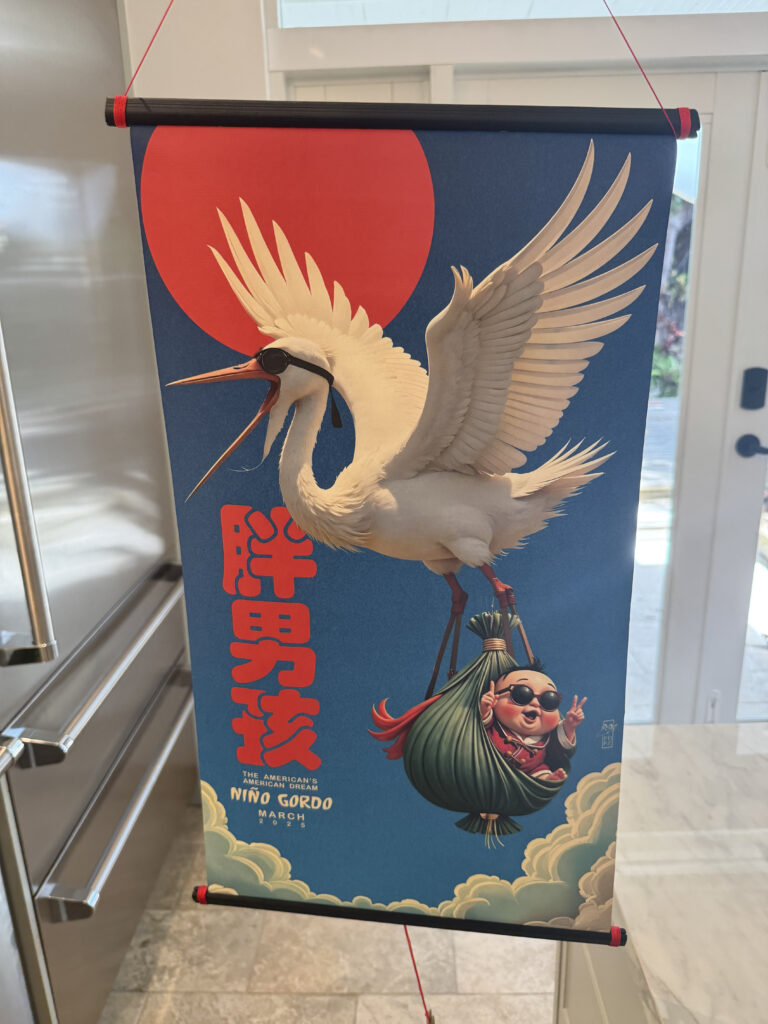 Nina Gordo restaurant invitation poster with stork and baby.